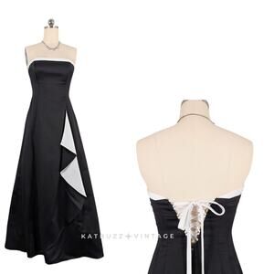 Vintage Livas Prom Dress Maxi Gown M Black White Corset Princess Glam 90s Y2K